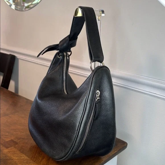 BORBONESE Black Italian Leather Hobo Bag with signature knot strap - Picture 4 of 16